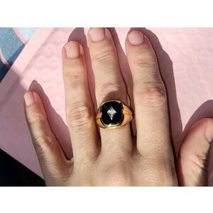 Unisex Gold Signet Ring Size  with Onyx and Crystal Accent. Gold Plated. 8